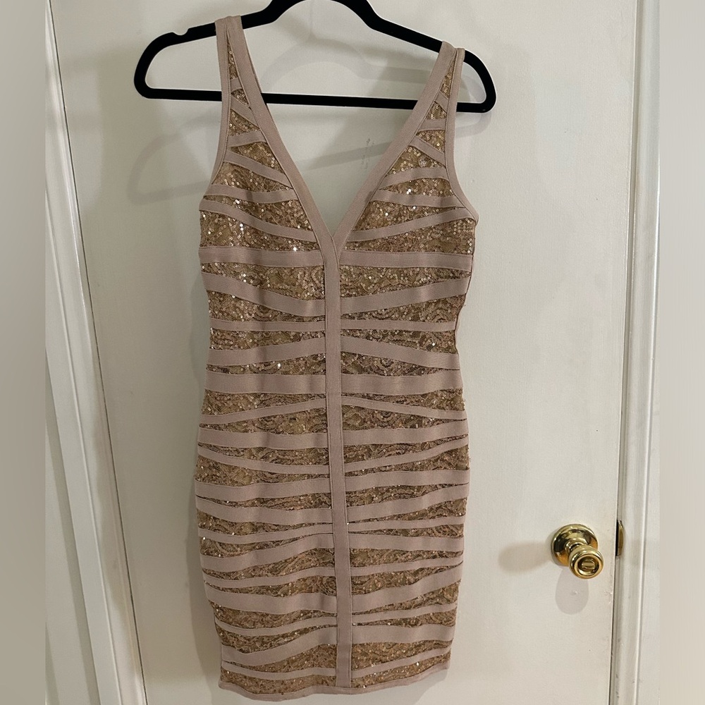Gold Sequin bondage, beige/nude mini dress. Worn 2 times. No tags.
